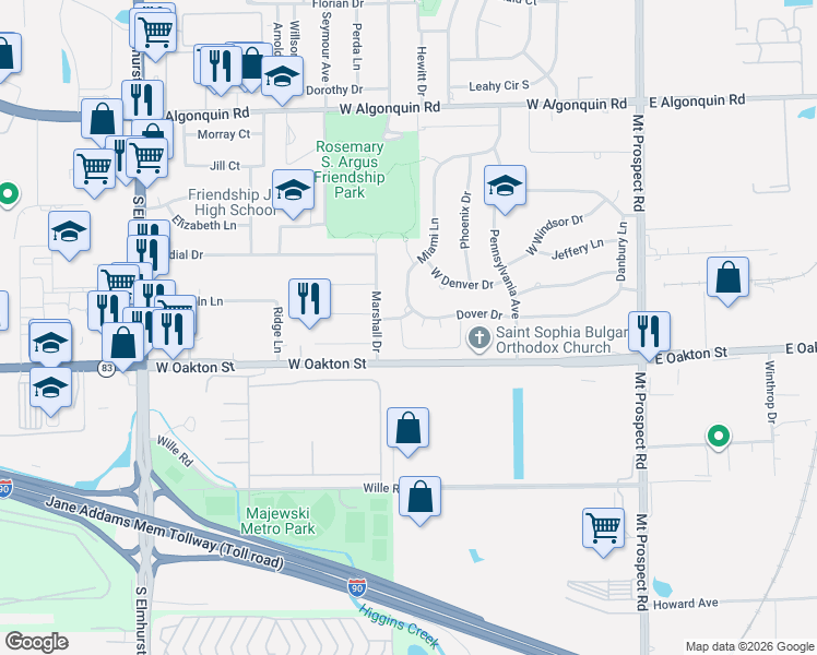 map of restaurants, bars, coffee shops, grocery stores, and more near 390 Dover Lane in Des Plaines
