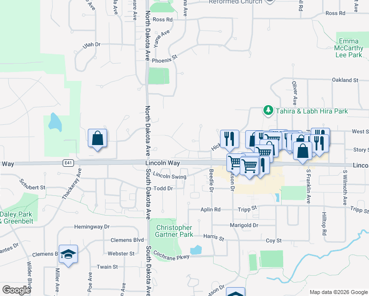 map of restaurants, bars, coffee shops, grocery stores, and more near Westbrook Drive in Ames