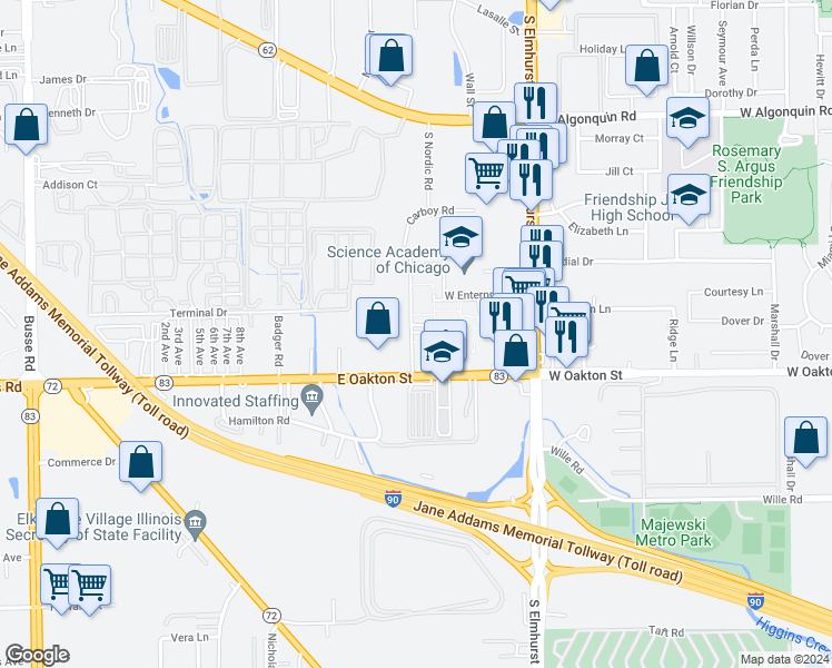 map of restaurants, bars, coffee shops, grocery stores, and more near 2313 South Lexington Drive in Mount Prospect
