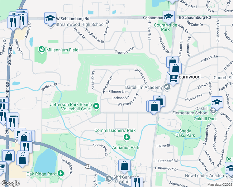 map of restaurants, bars, coffee shops, grocery stores, and more near 31 Fillmore Lane in Streamwood