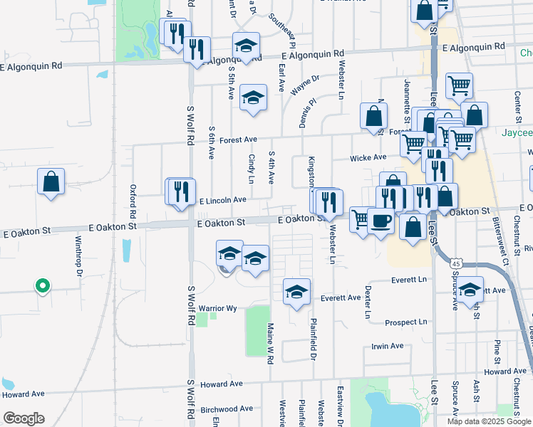 map of restaurants, bars, coffee shops, grocery stores, and more near 807 Fairmont Court in Des Plaines
