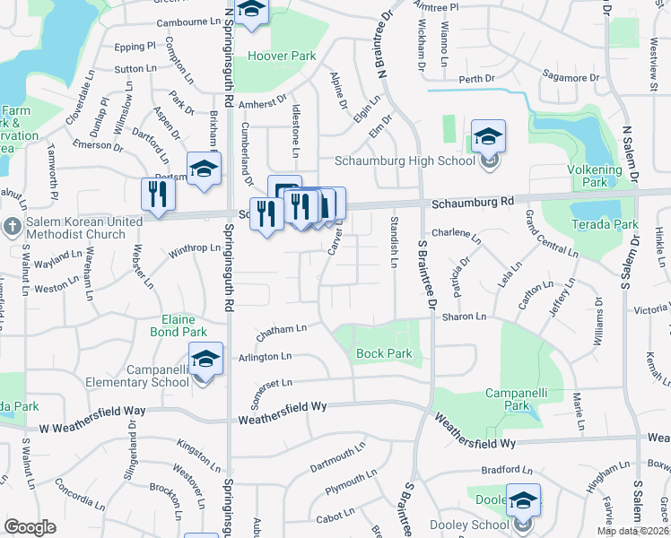 map of restaurants, bars, coffee shops, grocery stores, and more near 1344 Forestdale Court in Schaumburg