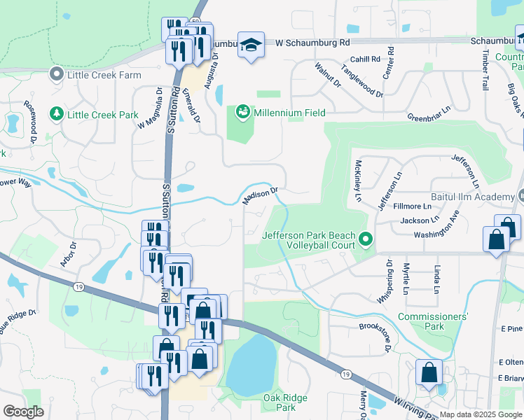 map of restaurants, bars, coffee shops, grocery stores, and more near 54a Tyler Court in Streamwood