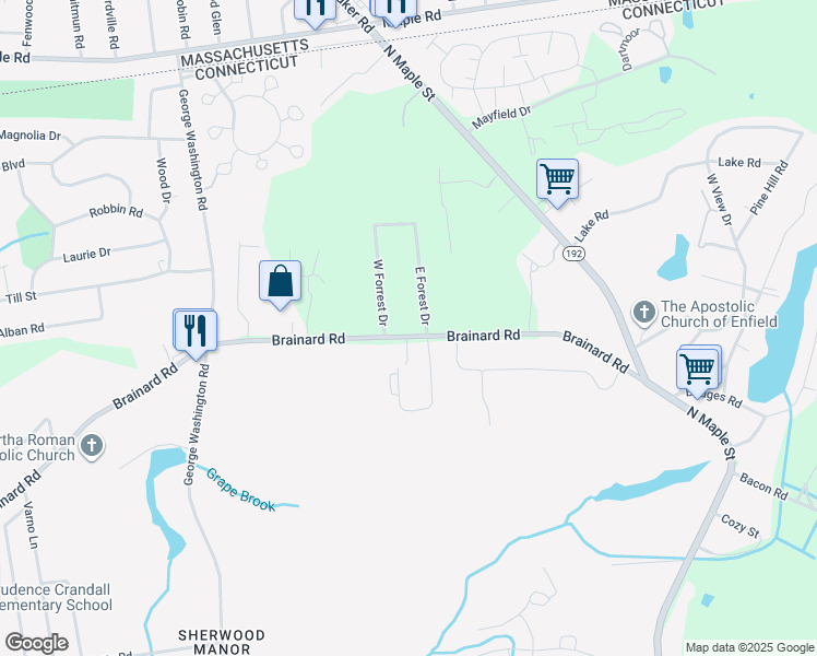 map of restaurants, bars, coffee shops, grocery stores, and more near 303 Brainard Road in Enfield