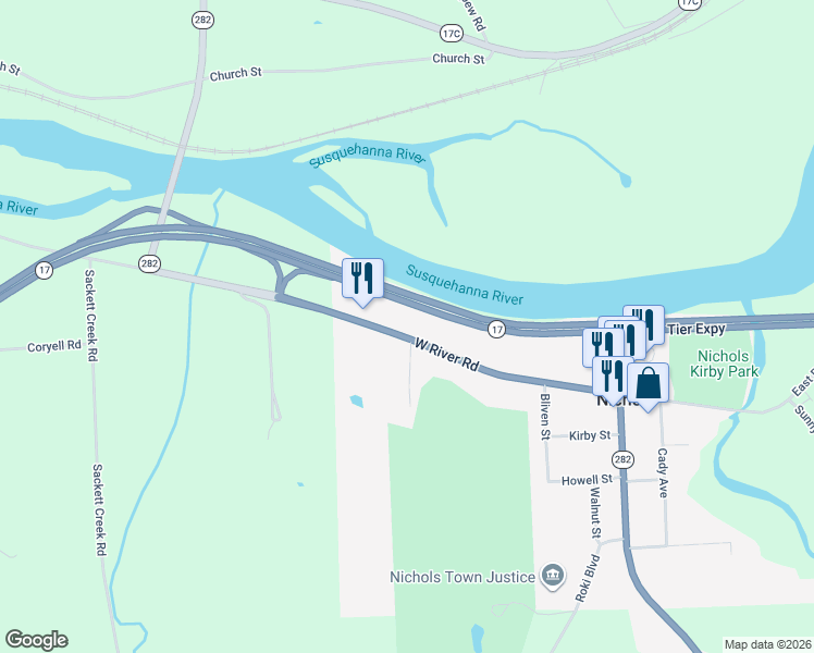 map of restaurants, bars, coffee shops, grocery stores, and more near 457 W River Rd in Nichols