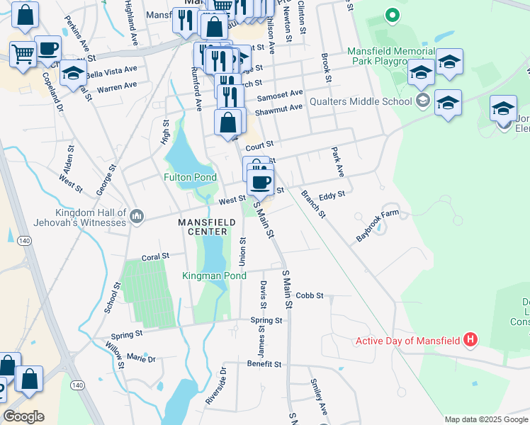 map of restaurants, bars, coffee shops, grocery stores, and more near 18-24 South Main Street in Mansfield