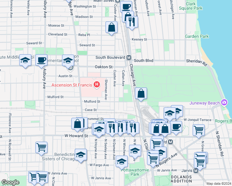 map of restaurants, bars, coffee shops, grocery stores, and more near 326 Callan Avenue in Evanston