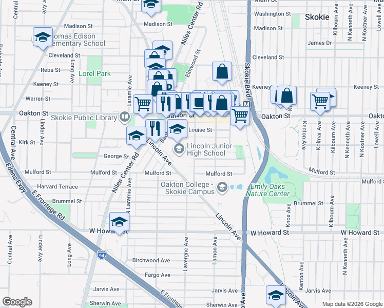 map of restaurants, bars, coffee shops, grocery stores, and more near 7835 Niles Avenue in Skokie