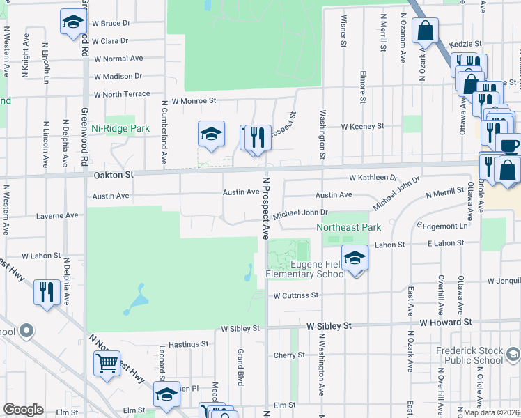 map of restaurants, bars, coffee shops, grocery stores, and more near 901 North Prospect Avenue in Park Ridge
