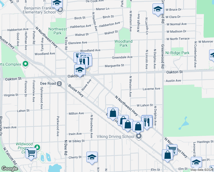 map of restaurants, bars, coffee shops, grocery stores, and more near 915 North Northwest Highway in Park Ridge