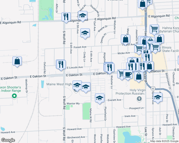 map of restaurants, bars, coffee shops, grocery stores, and more near 807 Fairmont Court in Des Plaines