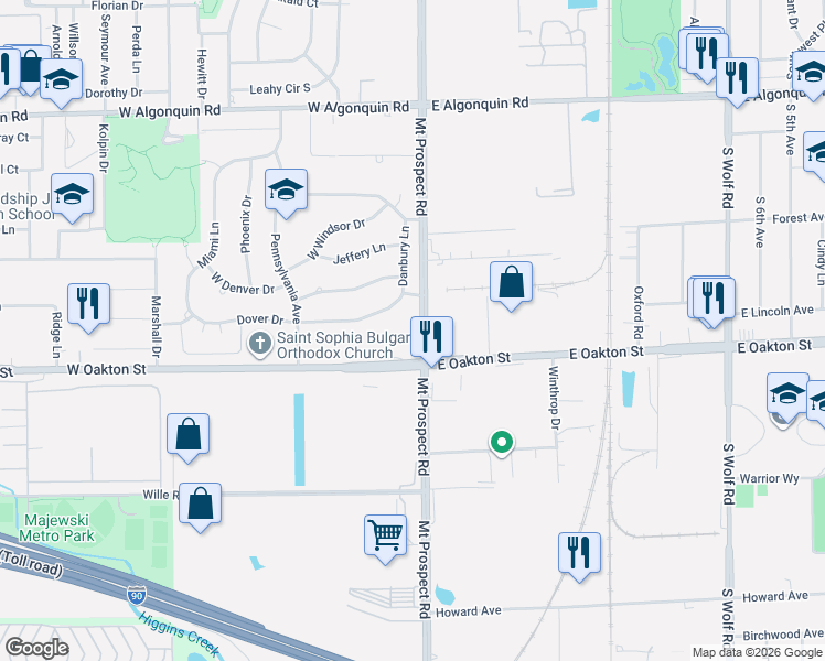 map of restaurants, bars, coffee shops, grocery stores, and more near 1550 South Mount Prospect Road in Des Plaines