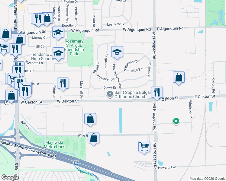 map of restaurants, bars, coffee shops, grocery stores, and more near 255 Dover Drive in Des Plaines