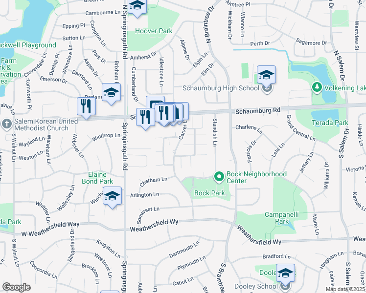 map of restaurants, bars, coffee shops, grocery stores, and more near 1344 Forestdale Court in Schaumburg