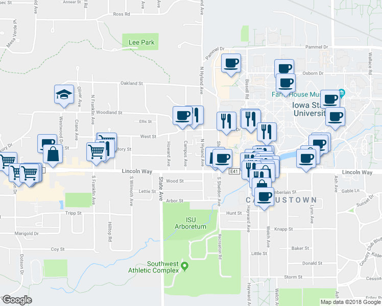 map of restaurants, bars, coffee shops, grocery stores, and more near 135 Campus Avenue in Ames
