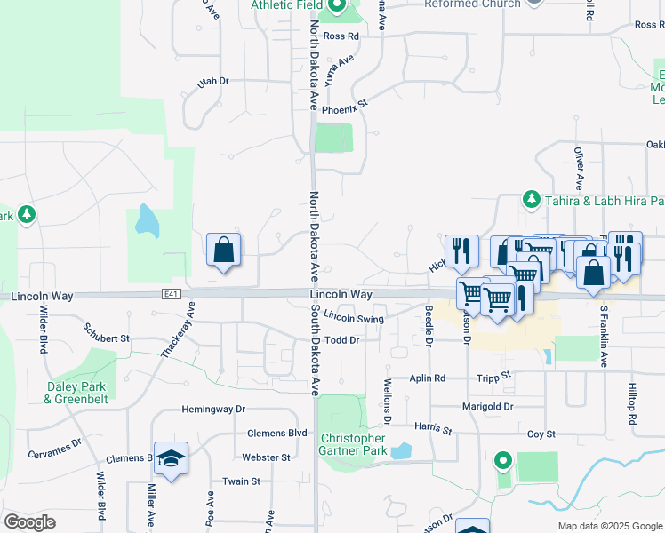 map of restaurants, bars, coffee shops, grocery stores, and more near 122 North Dakota Avenue in Ames
