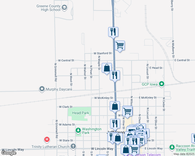 map of restaurants, bars, coffee shops, grocery stores, and more near 912 North Maple Street in Jefferson