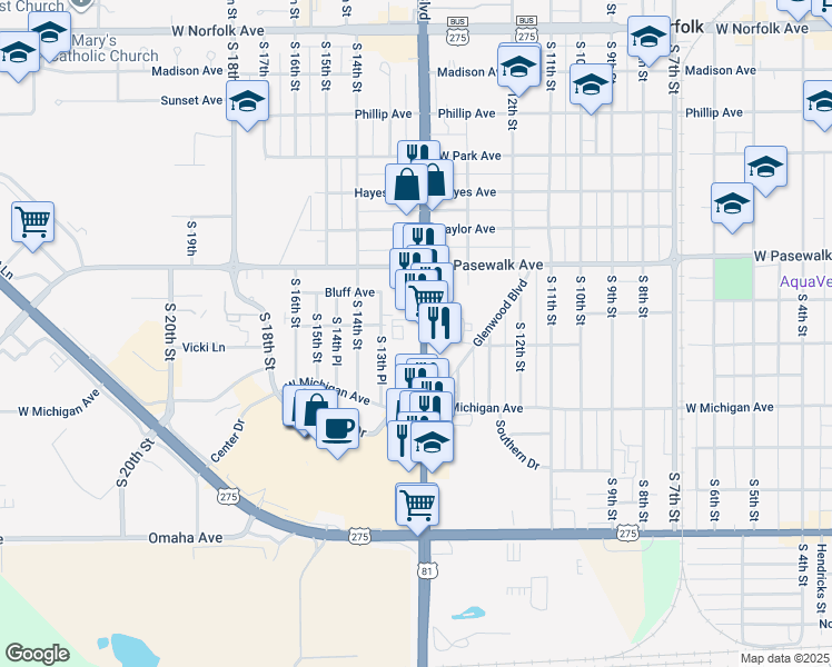 map of restaurants, bars, coffee shops, grocery stores, and more near 865 Johnny Carson Boulevard in Norfolk