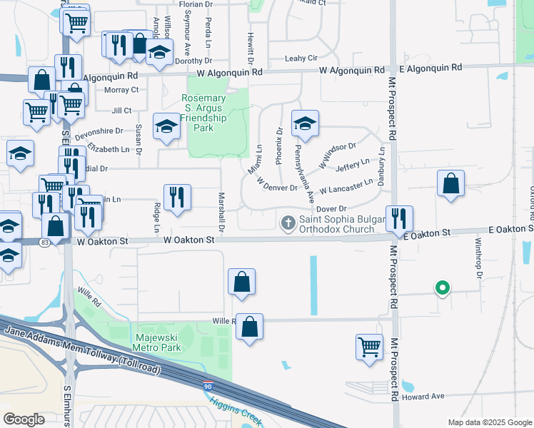 map of restaurants, bars, coffee shops, grocery stores, and more near 303 Dover Drive in Des Plaines