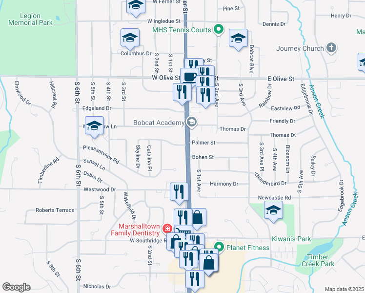 map of restaurants, bars, coffee shops, grocery stores, and more near 20 Santa Barbara Drive in Marshalltown