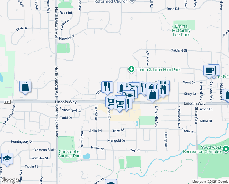 map of restaurants, bars, coffee shops, grocery stores, and more near 120 McDonald Drive in Ames