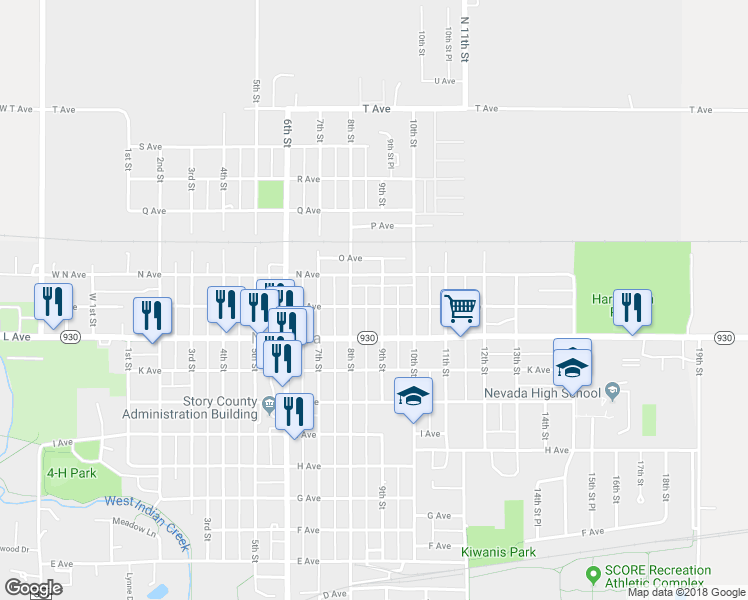 map of restaurants, bars, coffee shops, grocery stores, and more near 1306 9th Street in Nevada