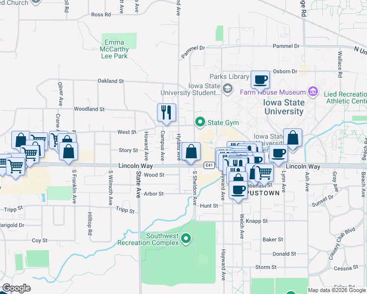 map of restaurants, bars, coffee shops, grocery stores, and more near 134 North Hyland Avenue in Ames