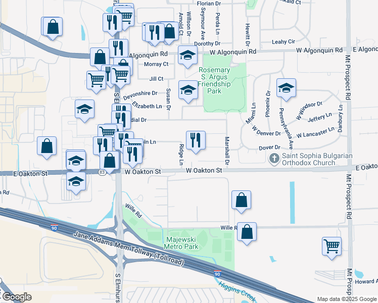 map of restaurants, bars, coffee shops, grocery stores, and more near 525 Dover Drive in Des Plaines