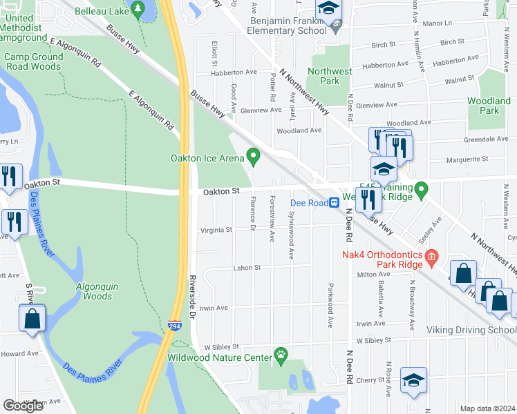 map of restaurants, bars, coffee shops, grocery stores, and more near 925 Florence Drive in Park Ridge