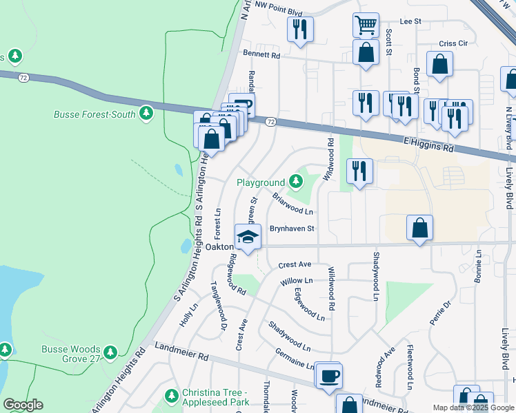 map of restaurants, bars, coffee shops, grocery stores, and more near 54 Woodcrest Lane in Elk Grove Village
