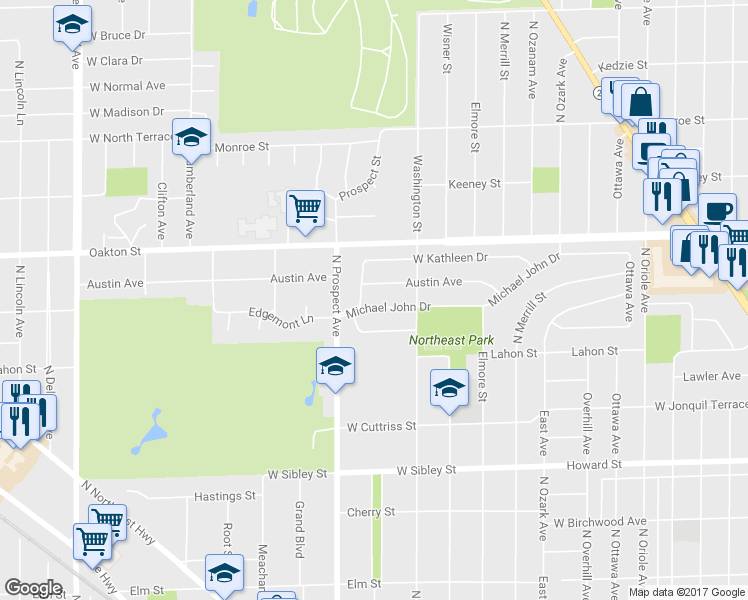 map of restaurants, bars, coffee shops, grocery stores, and more near 376 Michael John Drive in Park Ridge