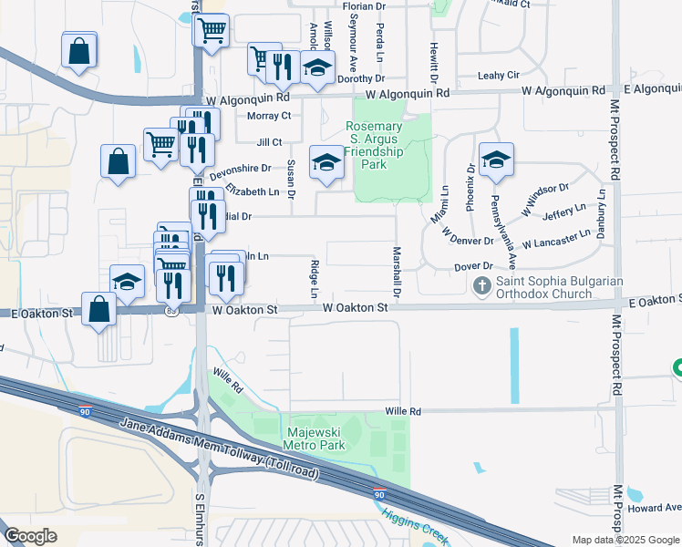 map of restaurants, bars, coffee shops, grocery stores, and more near 525 Dover Drive in Des Plaines