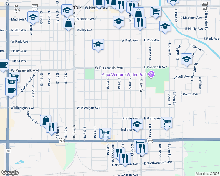 map of restaurants, bars, coffee shops, grocery stores, and more near 813 South 4th Street in Norfolk