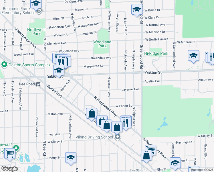 map of restaurants, bars, coffee shops, grocery stores, and more near 908 North Western Avenue in Park Ridge