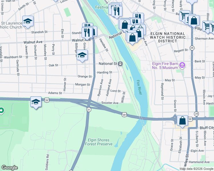 map of restaurants, bars, coffee shops, grocery stores, and more near 476 Ashland Avenue in Elgin