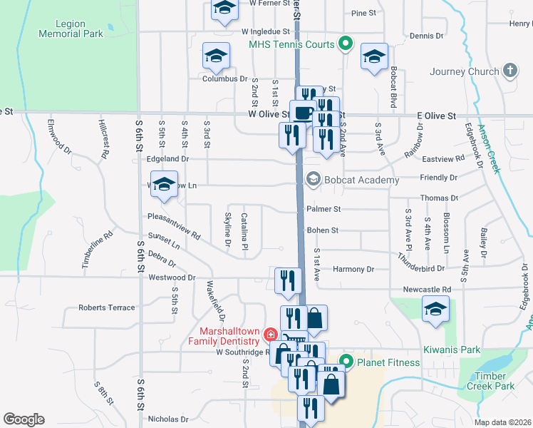 map of restaurants, bars, coffee shops, grocery stores, and more near 2004 Wardview Road in Marshalltown