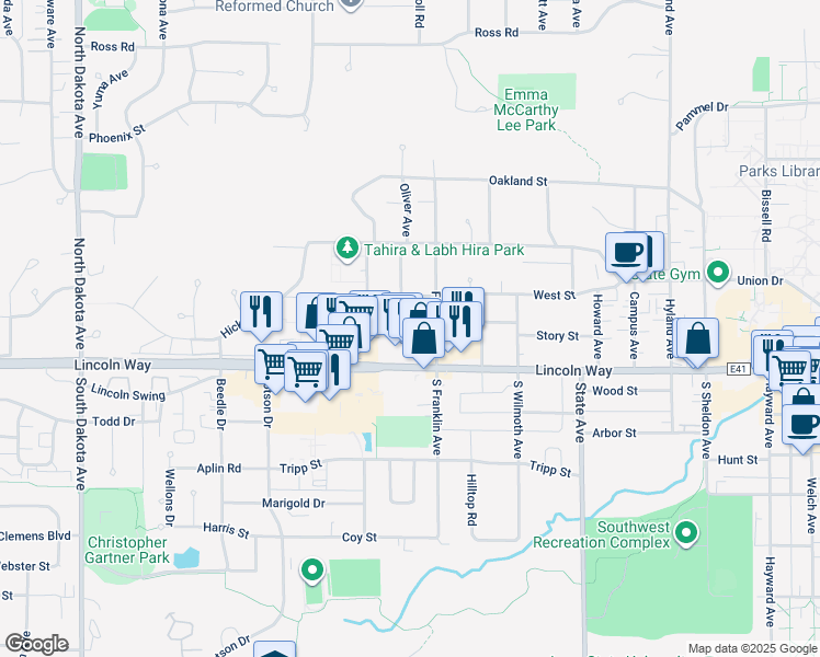 map of restaurants, bars, coffee shops, grocery stores, and more near 3520 Story Street in Ames