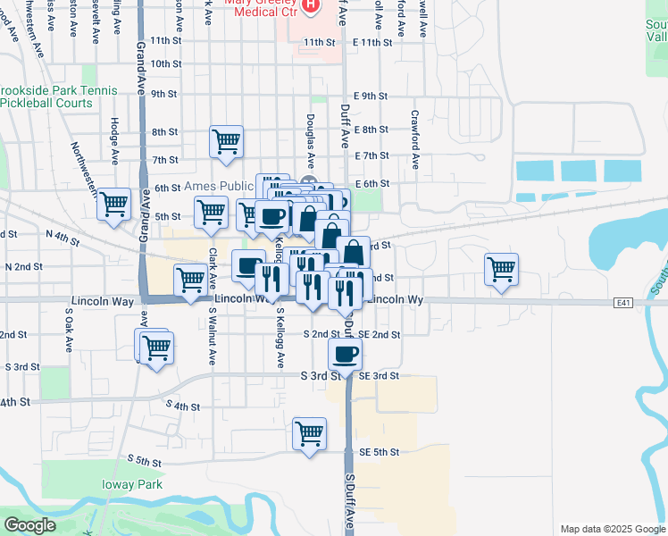map of restaurants, bars, coffee shops, grocery stores, and more near 201 Duff Avenue in Ames