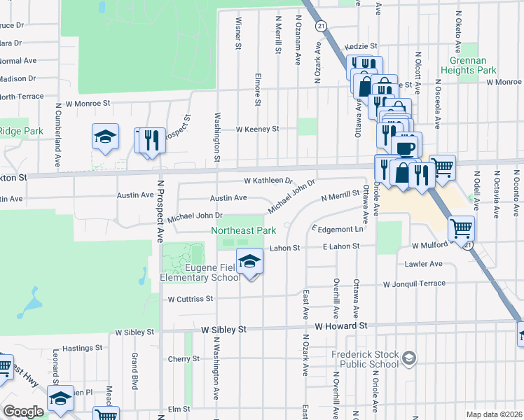 map of restaurants, bars, coffee shops, grocery stores, and more near 200 Michael John Drive in Park Ridge