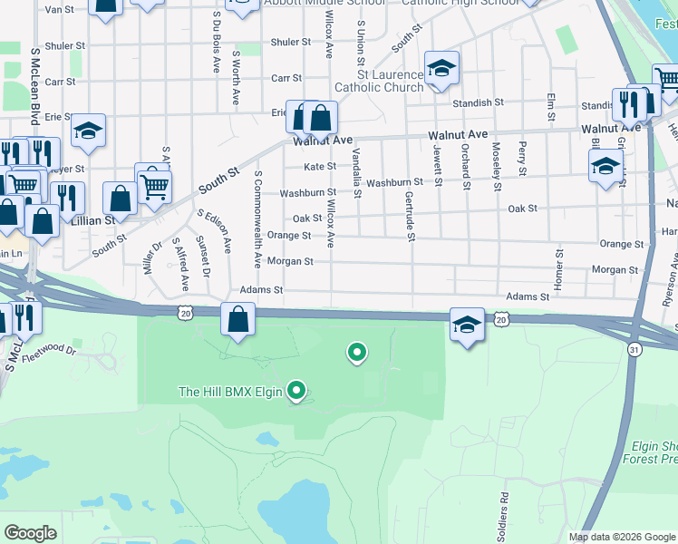 map of restaurants, bars, coffee shops, grocery stores, and more near 507 Wilcox Avenue in Elgin