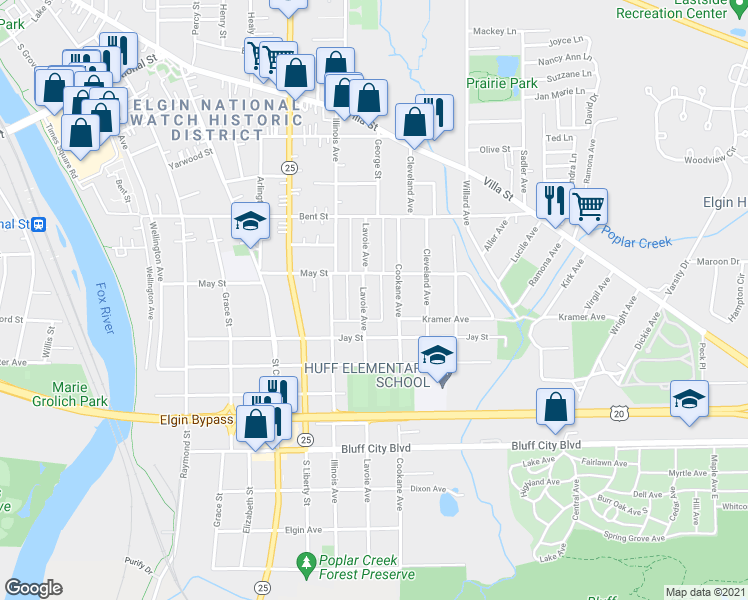 map of restaurants, bars, coffee shops, grocery stores, and more near 625 Lavoie Avenue in Elgin