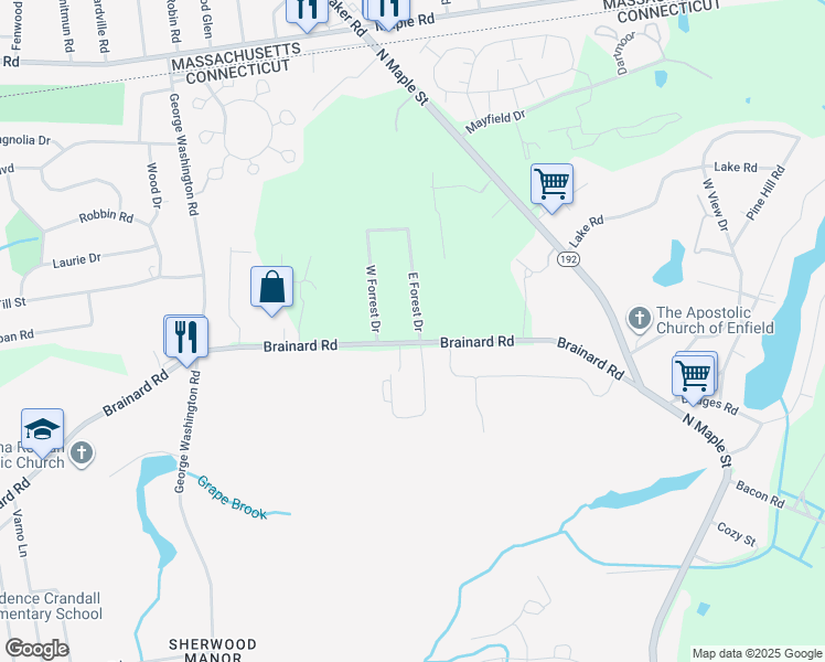 map of restaurants, bars, coffee shops, grocery stores, and more near 303 Brainard Road in Enfield