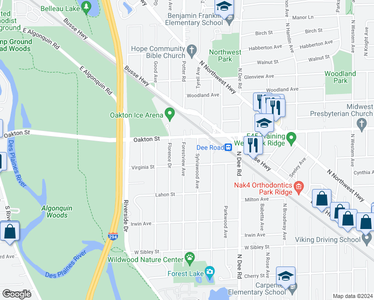 map of restaurants, bars, coffee shops, grocery stores, and more near 927 Forestview Avenue in Park Ridge