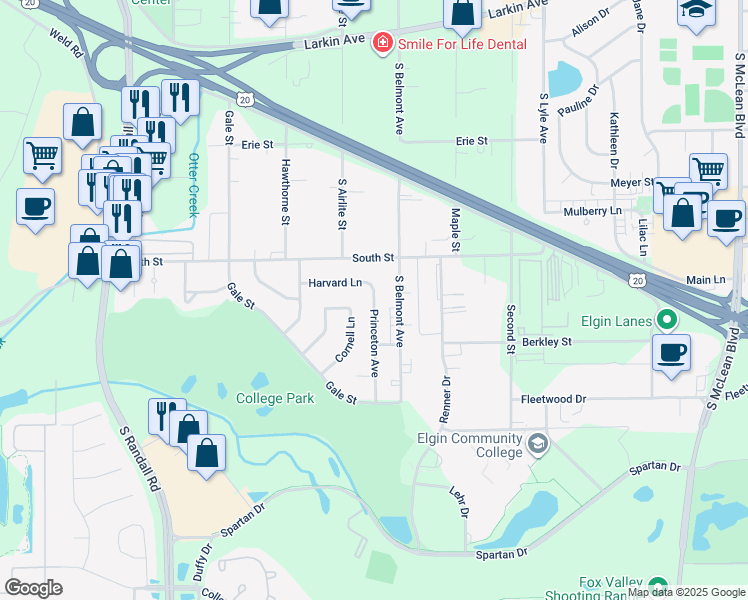 map of restaurants, bars, coffee shops, grocery stores, and more near 351 Princeton Avenue in Elgin