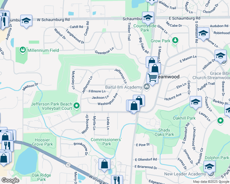 map of restaurants, bars, coffee shops, grocery stores, and more near 25 Washington Avenue in Streamwood