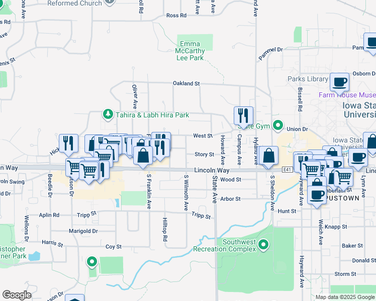 map of restaurants, bars, coffee shops, grocery stores, and more near 3143 Story Street in Ames
