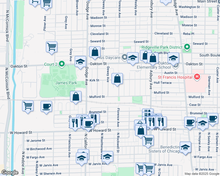 map of restaurants, bars, coffee shops, grocery stores, and more near 325 Dewey Avenue in Evanston