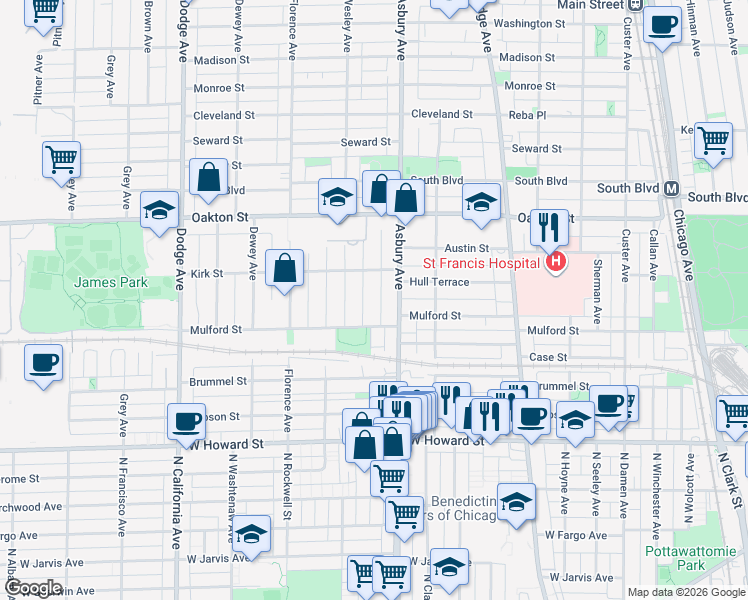 map of restaurants, bars, coffee shops, grocery stores, and more near 321 Wesley Avenue in Evanston