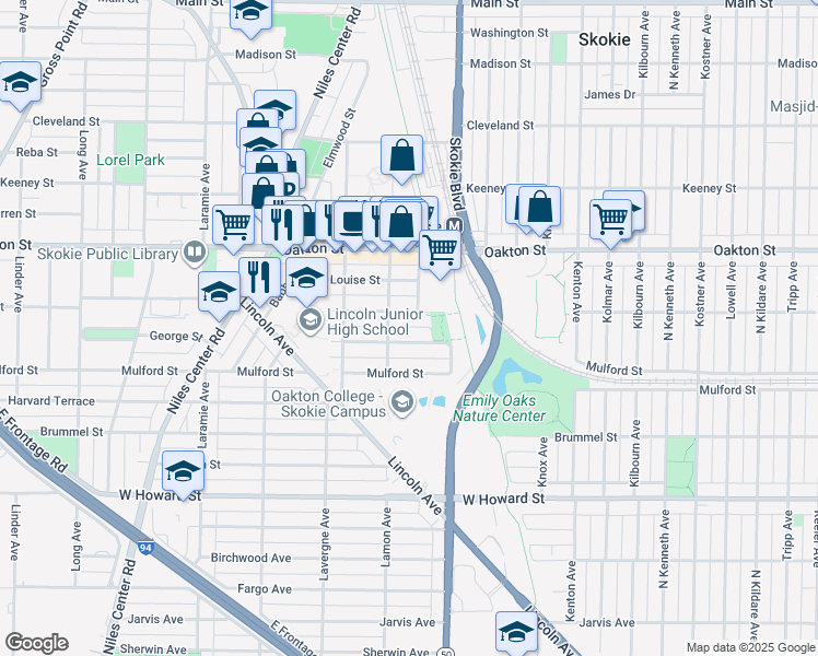 map of restaurants, bars, coffee shops, grocery stores, and more near 4856 Hull Street in Skokie