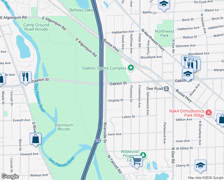 map of restaurants, bars, coffee shops, grocery stores, and more near 928 Wesley Drive in Park Ridge